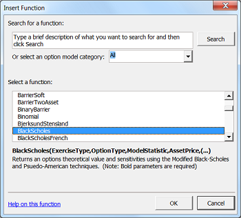 FinOptions XL Insert Function Form